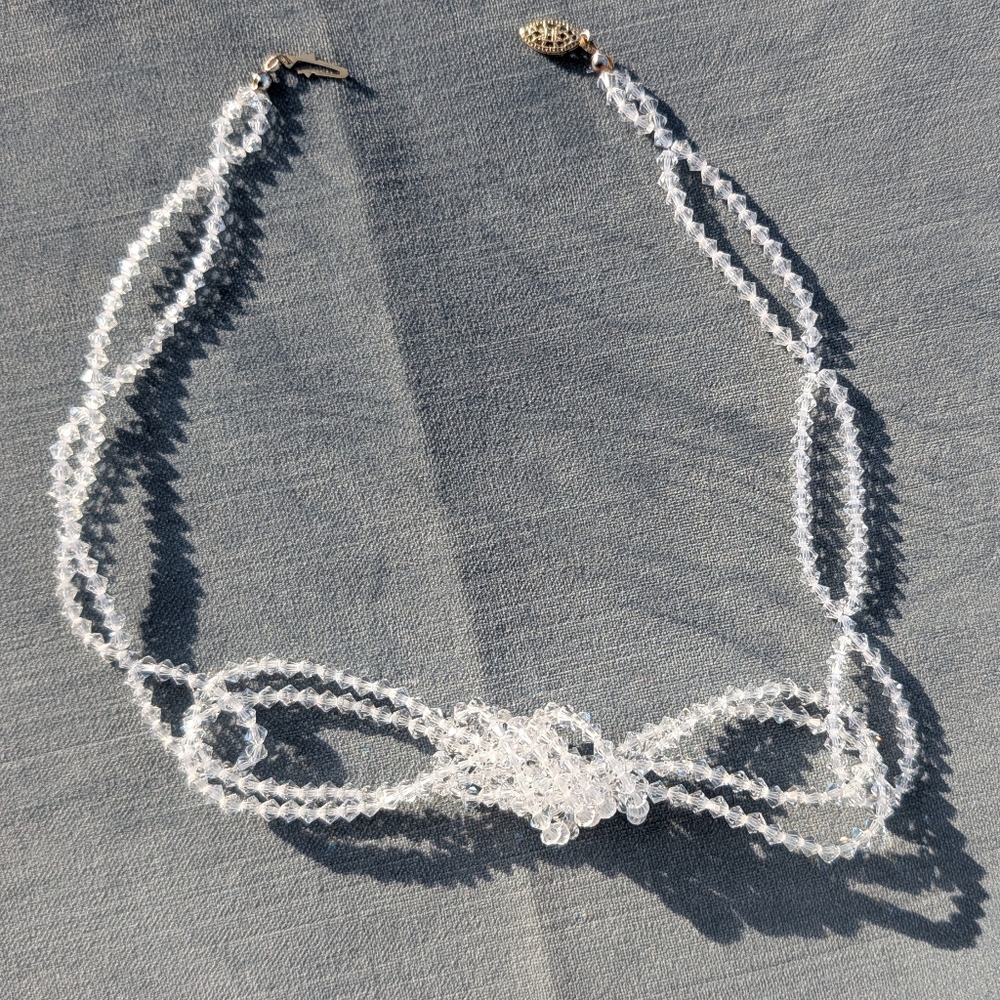 Vintage White Ice Crystal Beaded Knot Necklace Sparkle Iridescent Collar Length